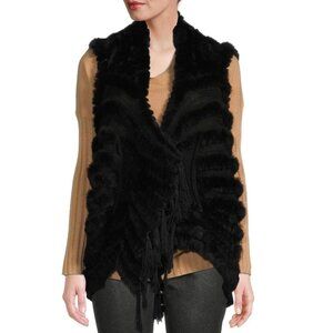 Belle Fare Black Rex Rabbit Fur Knitted Wool Fringe Vest
